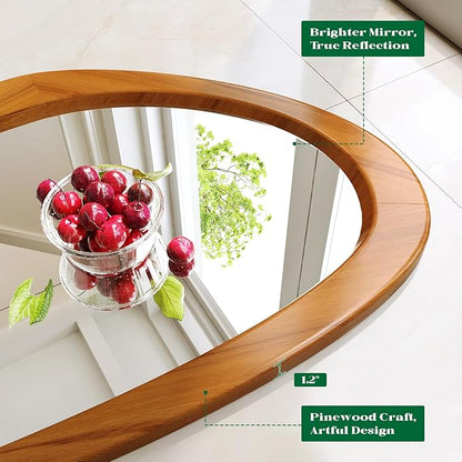 Asymmetrical Wall Mirror, 19x30 Inch Irregular Wall Mirror, Mid Century Modern Mirrors with Pine Wooden Frame for Living Room Bedroom Bathroom Entryway Hangs Horizontally or Vertically
