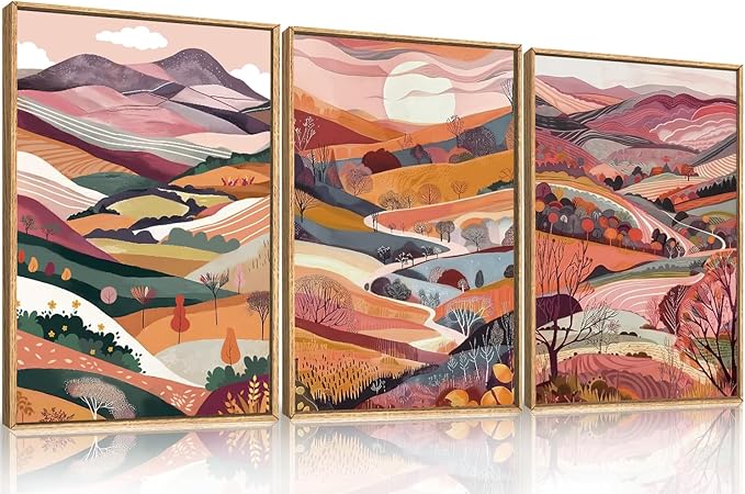 KAIRNE Boho Colorful Mountain Framed Canvas Wall Art Set,Abstract Pink Landscape Wall Decor,Watercolor Forest Art Prints,Nature Scenery Artwork for Living Room,Bedroom,Farmhouse,Office-16 x24 x3