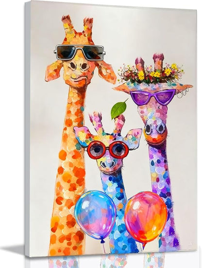 16x24 Graffiti Giraffe Family Canvas Wall Art, Colorful Framed Animal Prints with Sunglasses & Balloon, Funny Lovely Artwork for Kids, Teen Boys Girls, Nursery Bedroom & Living Room Home Decor