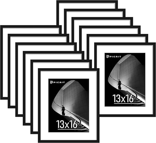 Picrit 13x16 Picture Frame Set of 12, Display 10 x 13 with Mat or 13 x 16 without Mat, Photo Frames for Wall Mounting Display, Black