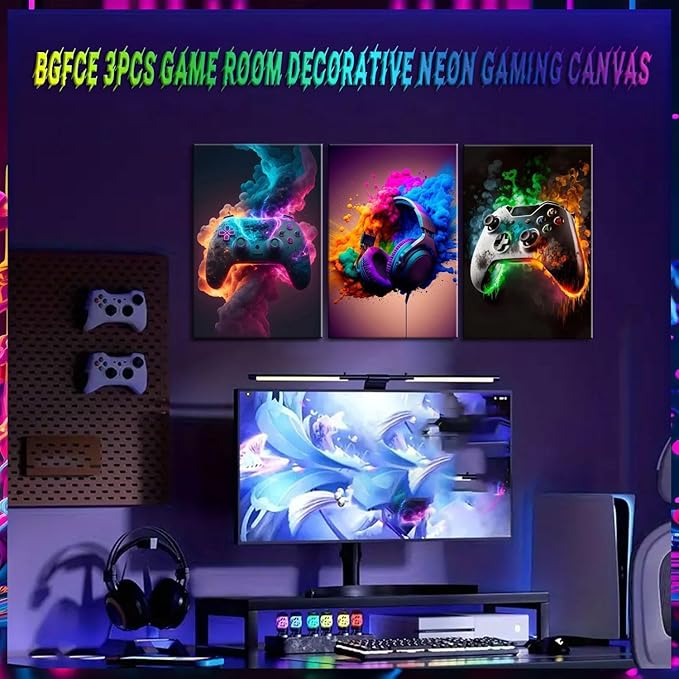 BGFCE Gaming Room Decor Canvas Wall Art Set of 3 - Cool Video Gaming Theme Wall Decor, Gamer Paintings Picture Print for Teen Boys Room 12x16 inch Framed