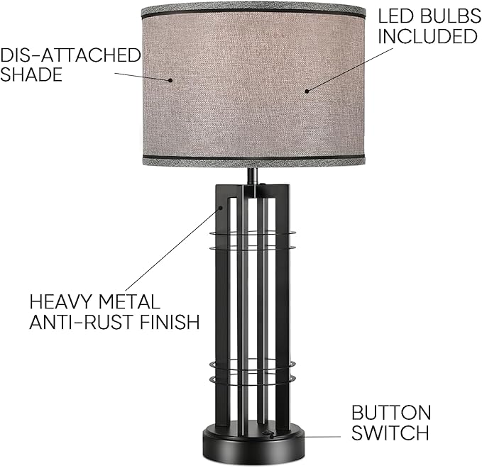 27in Tall Table Lamps for Living Room Button Control Farmhouse Rustic Table Lamps Set of 2 SideTable Lamps Black&Grey Bedroom Lamps for Bedside Nightstand End Table 2025 New