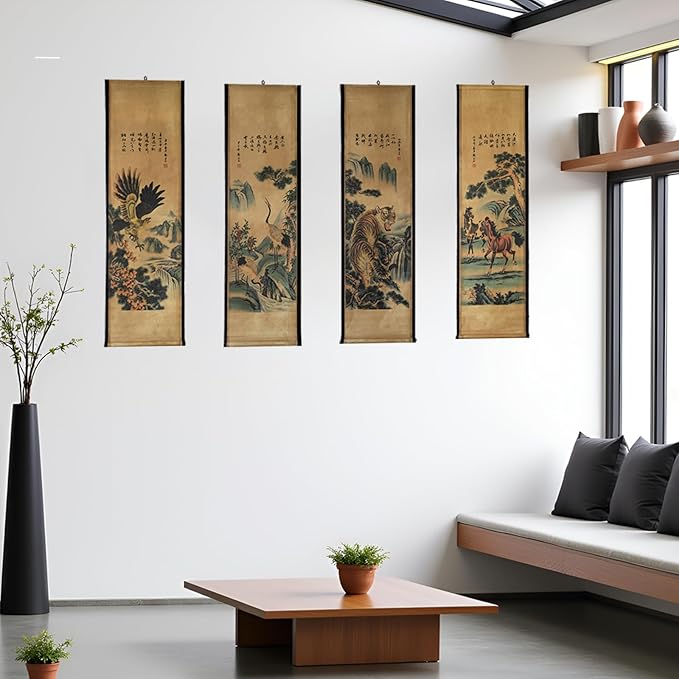 CIFIBIFUN Wall Asia Art Prints Posters Painting Eagle Crane Waterfall,4 Panels Paper Scroll,Home Walls Decor for Living Room Bedroom (Japan Painting)