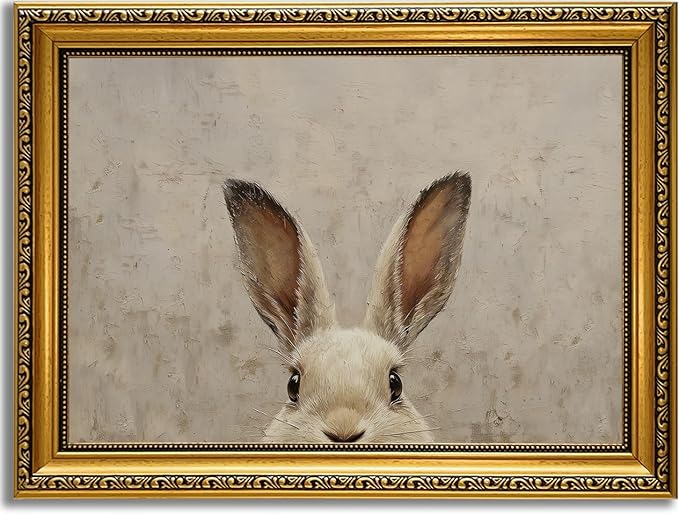 YD&YZY Gold Framed Vintage Wall Art Canvas Easter Bunny Wall Decor Rustic Easter Rabbit Décor Prints Cute Animal Painting Picture Print Artwork for Bedroom Kids Room Bathroom 12x16 inch Framed