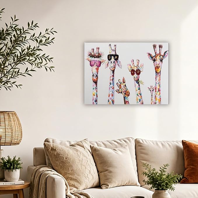 Giraffes Graffiti Canvas Wall Art for Living Room Bansky Wall Decor Colorful Animal Posters Prints Modern Home Decoration Framed Ready to Hang 18x24inch