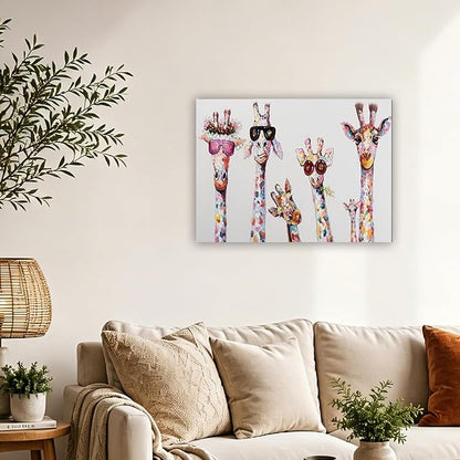 Giraffes Graffiti Canvas Wall Art for Living Room Bansky Wall Decor Colorful Animal Posters Prints Modern Home Decoration Framed Ready to Hang 18x24inch
