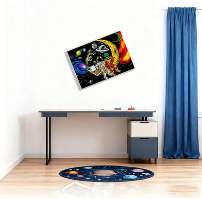 12x16 Space Astronaut Alien Pizza Party Canvas Wall Art Black Cosmic Prints Moon Planet Poster Home Framed Decor Kids Bedroom Fantasy Painting Teen Boy Room Funny Gift Picture Child Study Room Photo