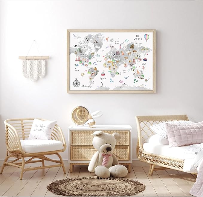 Joocrise Grey Kids World Map Wall Art Animal Map Canvas Wall Art Nursery Wall Decor World Map Poster Childrens Room Decor Playroom Prints Educational Artwork 16x24 Inch Wood Frame