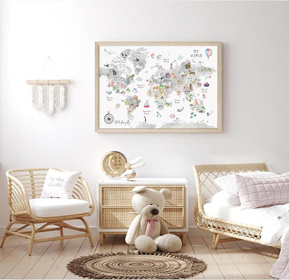 Joocrise Grey Kids World Map Wall Art Animal Map Canvas Wall Art Nursery Wall Decor World Map Poster Childrens Room Decor Playroom Prints Educational Artwork 16x24 Inch Wood Frame