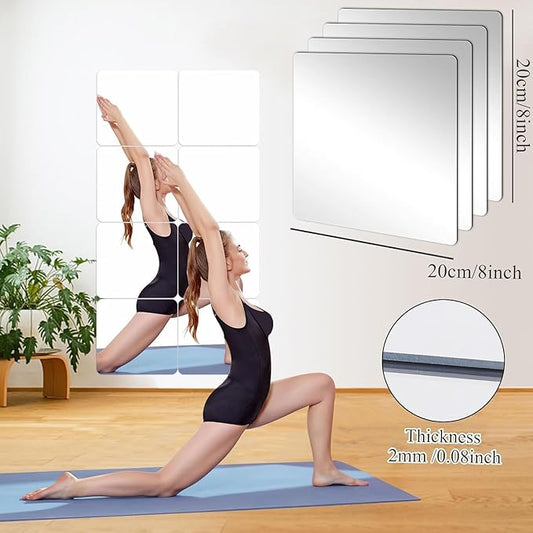 JUNEBRUSHS 8 Pack Self Adhesive Acrylic Mirror, 8 x 8 Inch Tiles,Flexible Plastic Mirror Sheets Wall Stickers,2MM Thick Frameless Small Mirror