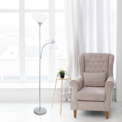 Simple Designs LF2000-SLV-LB 71.5" Traditional Floor Lamp with Adjustable Reading Light, LED Bulbs Included, Silver