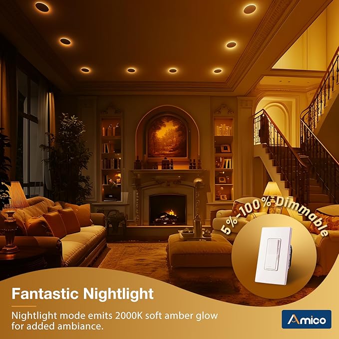Amico 12 Pack 4 Inch 5CCT LED Recessed Ceiling Light with Night Light, 2700K/3000K/3500K/4000K/5000K Selectable Ultra-Thin Lighting, 10W=90W, 700LM, Dimmable Canless Wafer Downlight - ETL&FCC