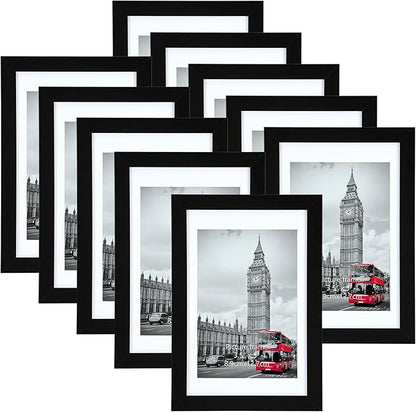 Giftgarden 4x6 Picture Frame Set of 10, Matted to 3.5x5 Photos with Mat or 6x4 Pictures without Mat, Multi Black Frames for Tabletop Wall Display