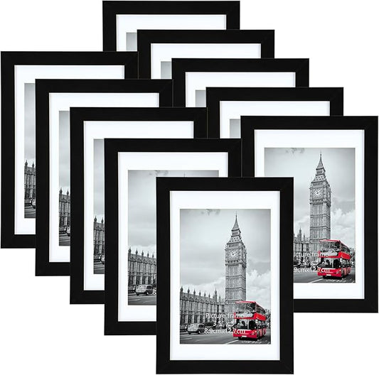Giftgarden 4x6 Picture Frame Set of 10, Matted to 3.5x5 Photos with Mat or 6x4 Pictures without Mat, Multi Black Frames for Tabletop Wall Display