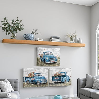 sechars Truck Wall Art Canvas Vintage Farmhouse Decor Faith Hope Love Floral Painting Prints (Blue)