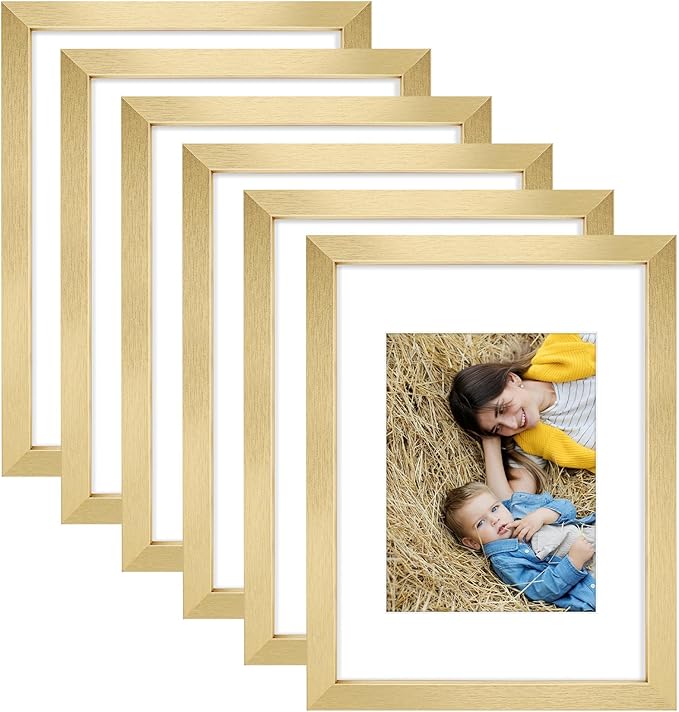 Golden State Art, 9x12 Picture Frame Set of 6 - Matted to 6x8 Photo - Engineered Wood Gallery Frame Set - Wall Mounting (Gold, 6 Pack)