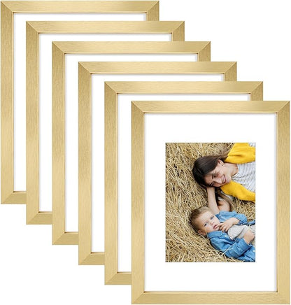 Golden State Art, 9x12 Picture Frame Set of 6 - Matted to 6x8 Photo - Engineered Wood Gallery Frame Set - Wall Mounting (Gold, 6 Pack)