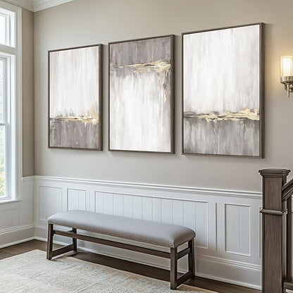 Framed Grey White Abstract Wall Art for Living Room, 3 Piece Large Gold Neutral Canvas Prints Artwork for Walls, Gray Modern Minimalist Paintings Pictures for Home Office Hallway Wall Decor, 24X36 In