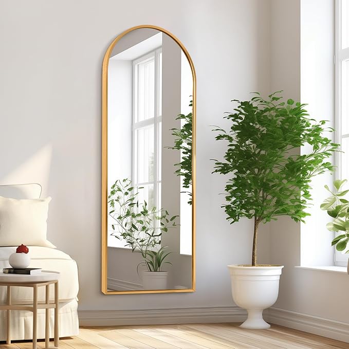 Wall Mirror Full Length Metal Aluminum Framed Floor Mirror 48"x12" Arched Large Full Body Mirror for Bedroom Living Room Entryway Dressing Room Gold