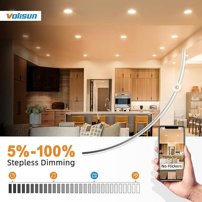 VOLISUN 24 Pack 6 inch Recessed Lighting, 5CCT LED Recessed Light with Junction Box, 2700K-5000K Selectable, 13W Eqv 120W, 1080LM Dimmable Canless Wafer Downlight, LED Ceiling Light ETL Certificated
