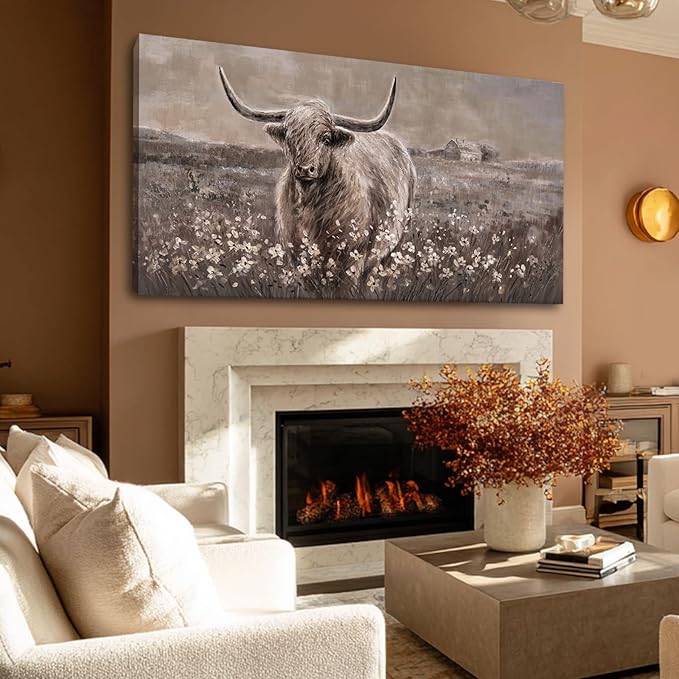 Neutral Beige and Brown Highland Cow Canvas Wall Art - 29x58 Inch Large Framed Painting for Modern Living Room, Rustic Bedroom, Farmhouse Office, Vintage Home Decor