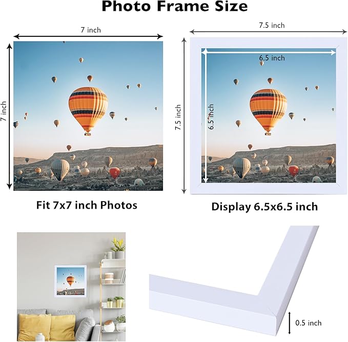 7x7 Picture Frame Set of 6 White for Wall Hanging or Tabletop, Wall Mounting Horizontally or Vertically, 7 x 7 Square Wall Gallery Poster Photo Frame with Shatter Resistant Plexiglass, 6 Pack, White