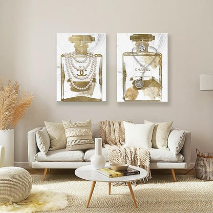 2 pieces Vintage Perfume Bottle Canvas Wall Art Modern Luxury Posters Print Fashion Glam Poster Picture for Bedroom Make up Room Home Decor 24"x36"