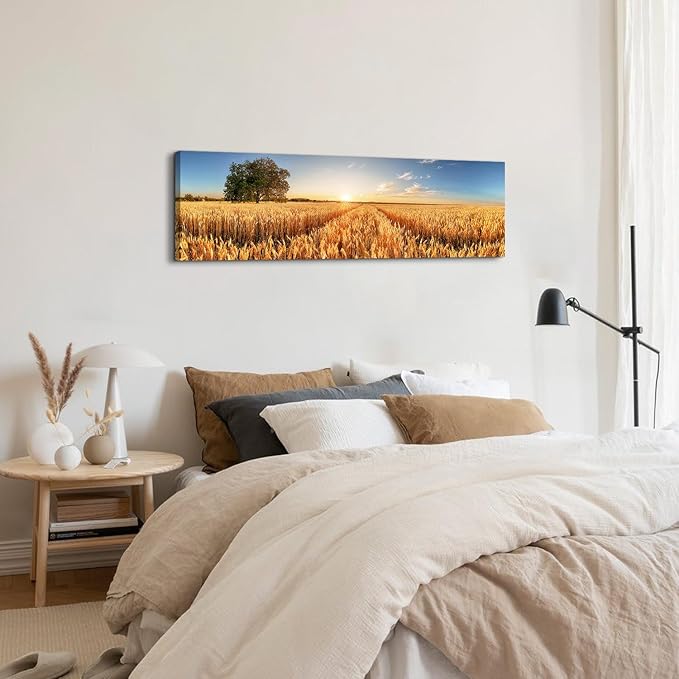Sunset Forest Wall Art Nature Wheat Field Landscape Pictures Wall Decor for Living Room Kitchen Sunrise Country Meadow Scenic Painting Farmhouse Poster Panoramic Artwork Home Bedroom Decoration 14x48”