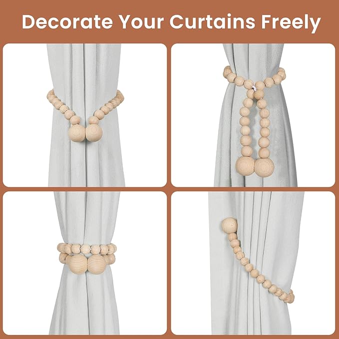 KLOGTSIND Magnetic Curtain Tiebacks, Curtain Tie Backs for Curtains 2 Pack, Wood Bead Curtain Tiebacks, Curtain Holders for Boho Bedroom Decor, Baby Nursery Decor, Farmhouse Décor