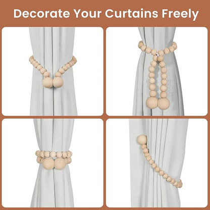 KLOGTSIND Magnetic Curtain Tiebacks, Curtain Tie Backs for Curtains 4 Pack, Wood Bead Curtain Tiebacks, Curtain Holders for Boho Bedroom Decor, Baby Nursery Decor, Farmhouse Décor