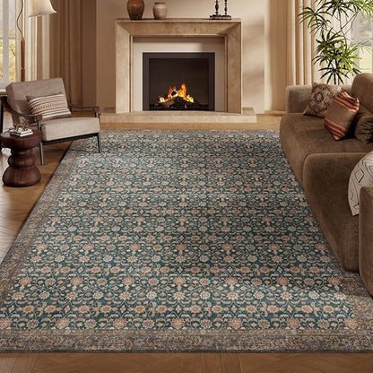 6x9 Area Rugs Green Washable Rug for Living Room, Dining Room, Bedroom, Large Carpets, Non Slip & Non-Shedding Low Pile Vintage Print Rug for Home Office Decor