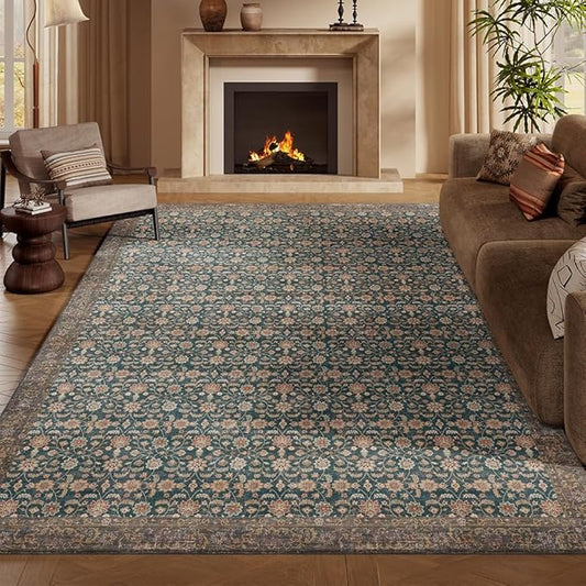 6x9 Area Rugs Green Washable Rug for Living Room, Dining Room, Bedroom, Large Carpets, Non Slip & Non-Shedding Low Pile Vintage Print Rug for Home Office Decor