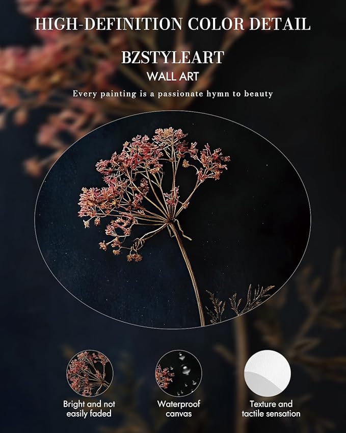 Bzstyleart Vintage Wall Art Decor for Living Room, Gold Framed Canvas Wall Art Home Decor Aesthetic Wild Carrot Flower Vintage Botanical Flower Prints, Canvas Picture Print Artwork, 12 x 16 Inch