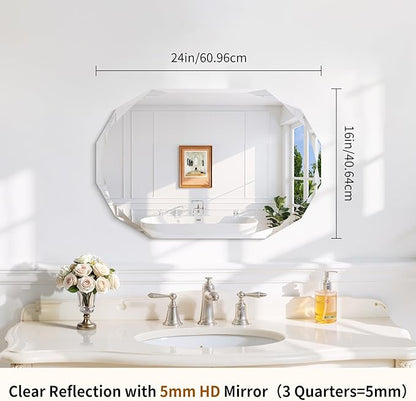GLASHOM Frameless Bathroom Mirror, 16" x 24" Beveled Oval Wall Mirror for Over Sink, 16 Inch Modern Decorative Vanity Mirror for Bedroom, Living Room, Entryway, Hanging Mirror Horizontal or Vertical