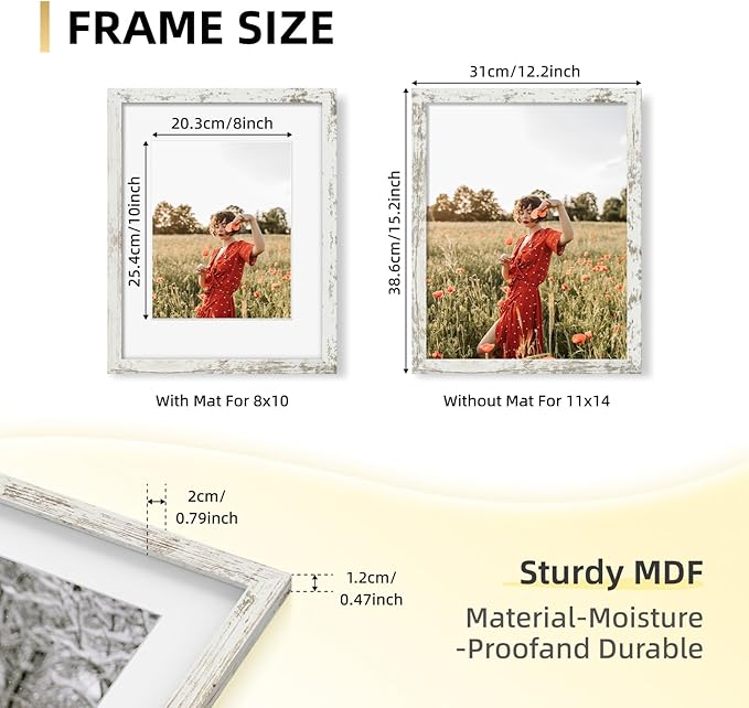 YESKAY 11x14 Picture Frame Set of 9, Photo Gallery Wall Frame Set Display Pictures 8x10 with Mat or 11 x 14 Without Mat, Multi Photo Frames for Wall Mounting or Table Top Display, Distressed White