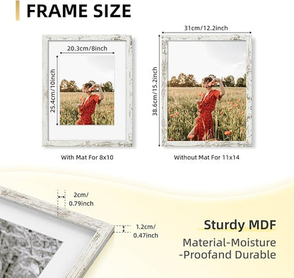 YESKAY 11x14 Picture Frame Set of 9, Photo Gallery Wall Frame Set Display Pictures 8x10 with Mat or 11 x 14 Without Mat, Multi Photo Frames for Wall Mounting or Table Top Display, Distressed White