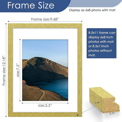 PEALSN 8.5 x 11 Picture Frame Set of 6, Display Pictures 6x8 with Mat or 8.5 x 11 without Mat for Wall Mounting Display, Photo Frames Collage for Wall Decor, Gold