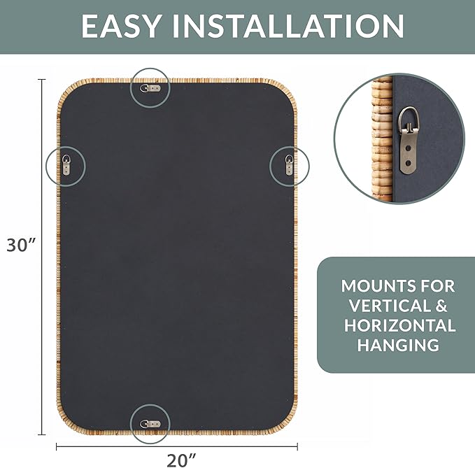 Barnyard Designs Rectangular Rattan Wall Mirror, Natural Tan Woven Rattan Frame, Indoor Decorative Mirror for Bedroom Living Room Entryway (20" x 30", Rectangular)