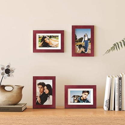 Egofine 4x6 Frames Set of 4, Made of Solid Wood Covered by Plexiglass 3x4.5 and 3.5x5 with Mat or 4x6 without Mat, for Table Top Display and Wall Mounting Photo Frame, Cherry Red