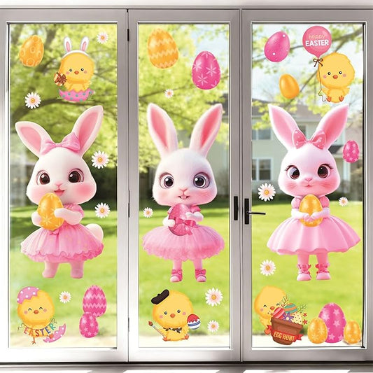 Pink Easter Window Clings Decoration Stickers for Glass Bunny Decals for Girls Bedroom Double-Side Spring Easters Eggs Cling Chick Rabbit Sticker for Living Room Kitchen Holiday Home Indoor Decor