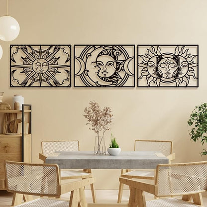 Bakovity Black Metal Wall Decor, Black Abstract Wall Art, Moon Line Art Décor, 3D Sculptures, Large Bohemian Aesthetic Black and White Wall Art for Bedroom Bathroom Living Room (3 Pcs, 17 x 12 in)