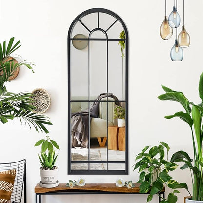 HQiJun Wall Mirror Window Decorative Mirrors Arched Farmhouse for Living Room Bedroom Entryway Bathroom Vanity (Black,47” x17” x1”)