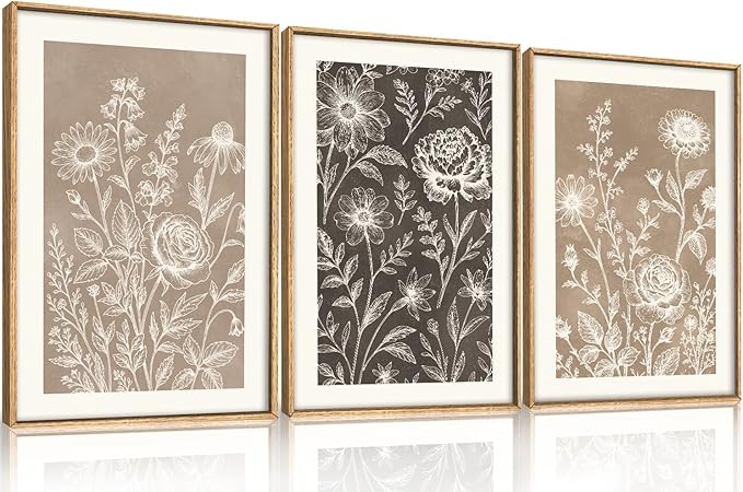 Neutral Boho Flower Framed Canvas Wall Art Set,Vintage Moody Rose Peony Daisy Wildflower Decor,Modern Natural Brown Black Floral Botanical Artwork for Living Room,Bedroom,Farmhouse-16 x24 x3