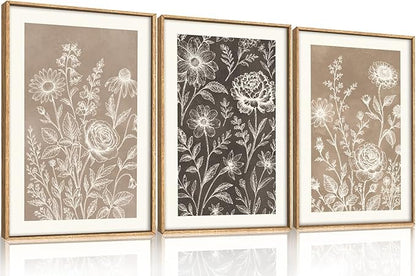 Neutral Boho Flower Framed Canvas Wall Art Set,Vintage Moody Rose Peony Daisy Wildflower Decor,Modern Natural Brown Black Floral Botanical Artwork for Living Room,Bedroom,Farmhouse-24 x36 x3