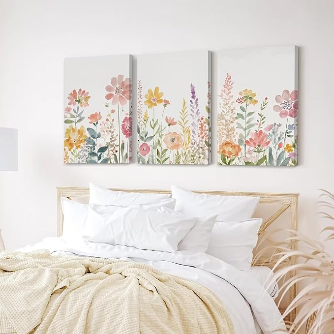 Watercolor Wildflower Wall Art Decor Colorful Flower Pictures Canvas Floral Botanical Wall Art Vintage Prints Poster Floral Painting Artwork for Living Room Bedroom 12x16 Inch Framed Set of 3