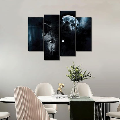 4 Panel Wall Art Black Wolf and Full Moon Painting The Picture Print On Canvas Animal Pictures for Home Decor Decoration Gift Piece (Stretched by Wooden Frame,Ready to Hang)