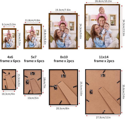 Giftgarden 16 Pack Brown Picture Frames for Multi Sizes Photos, Assorted Set Including Two 11x14, Two 8x10, Six 5x7, Six 4x6, Gallery Collage Frame for Wall or Tabletop Display