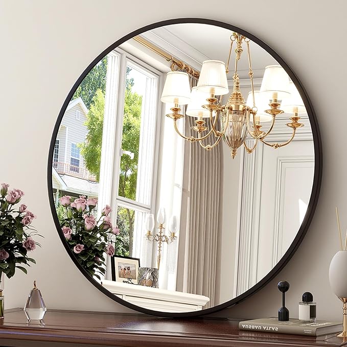 XRAMFY 30 Inch Round Mirror - Circle Mirrors for Bathroom, Entryway and Living Room Wall Decor, Modern Hanging Vanity Mirror, Matte Black Circle Decorative Wall Mirror