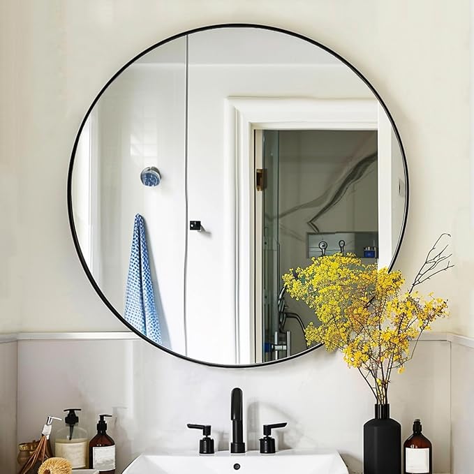 Mirror 18 inch, Round Wall Mirrors, Black Circle Mirror, Round Mirrors for Wall, Living Room, Bathroom, Hallway.