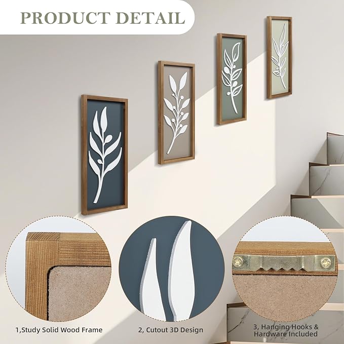 3D Tree Leaf Wooden Framed Boho Wall Art (Set of 4) Lightweight, Minimalist Botanical Farmhouse Bathroom Wall Decor For Living Room Bedroom Kitchen Office Hallway Decorations